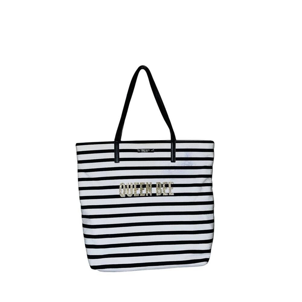 Kate Spade New York QUEEN BEE Canvas Tote Bag Jeweled BEE RARE Gold Letters